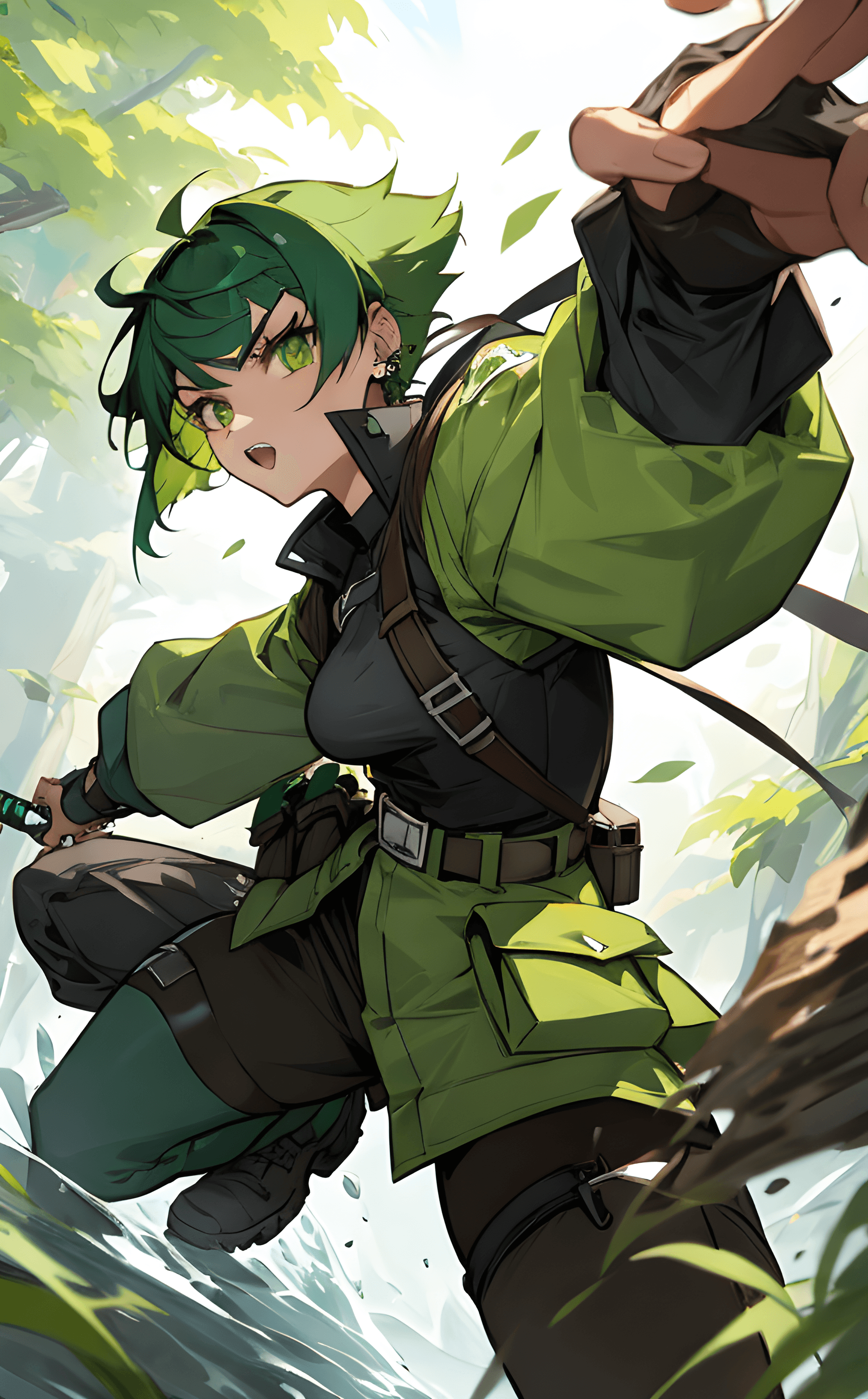 AI generated: A fierce and independent ranger (anime waifu) with short green hair and piercing green eyes, who liv...