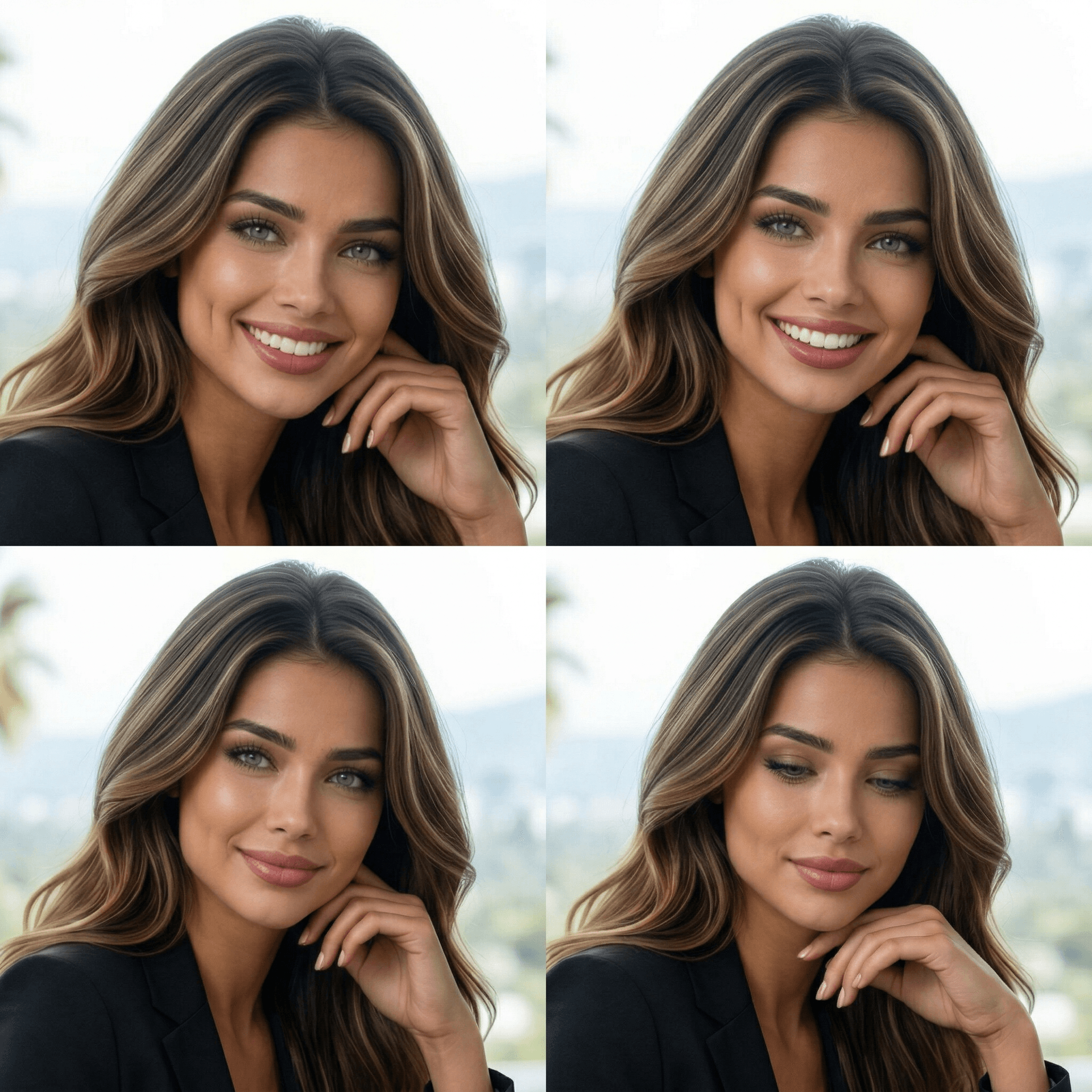 AI generated: 4 exactcly consistant tiny variations of facial expressions and head position typical of a video con...