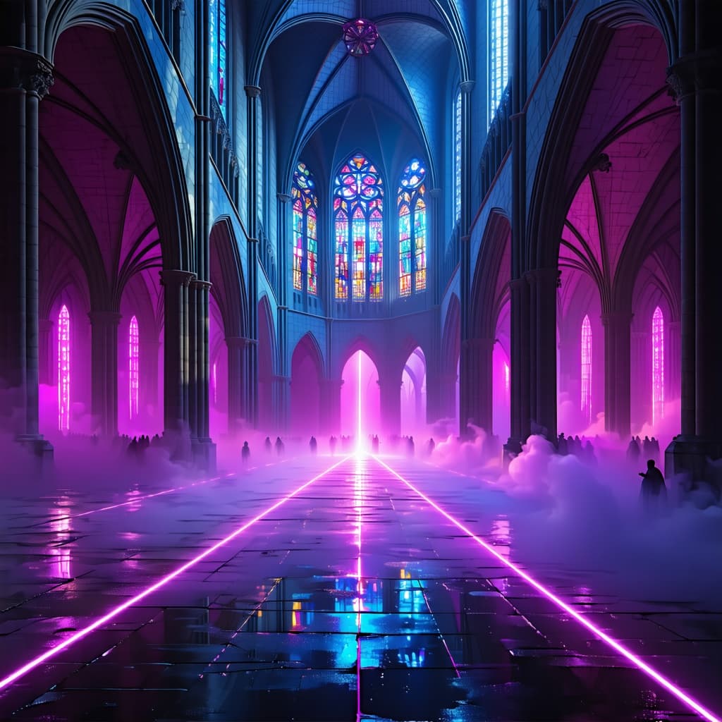 AI generated: Abstract magazine cover of a futuristic medieval rave in a gothic cathedral. Stylish and chaotic sce...