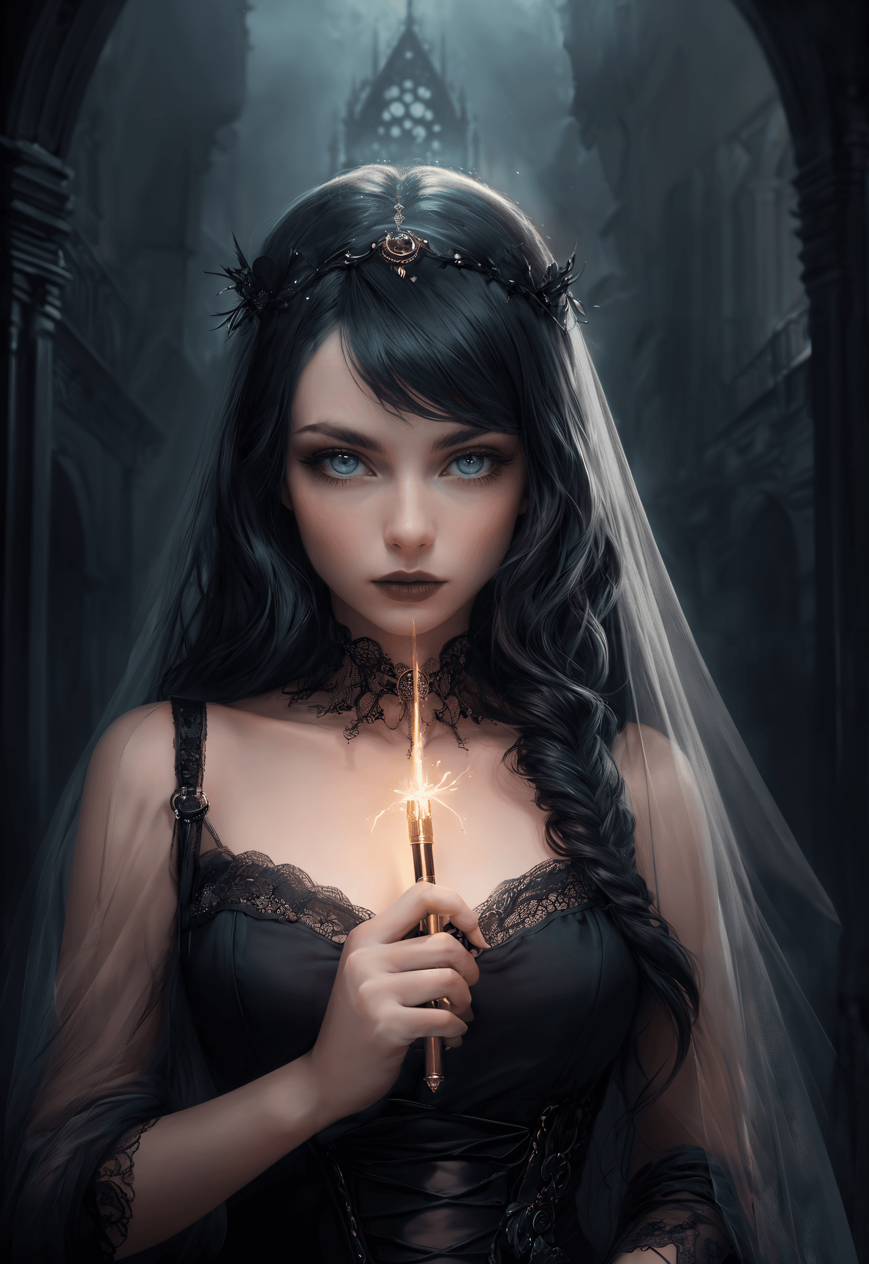 AI generated: (masterpiece, award winning, best quality:1.2) , style of Christopher Balaskas, Pale goth beauty hol...