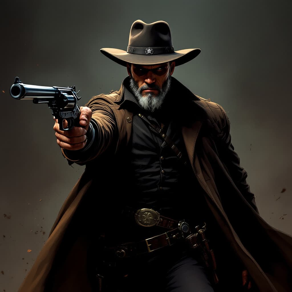 AI generated: He is The Gunslinger.  A super hero whose attire is straight from the 19th century gunslingers but l...