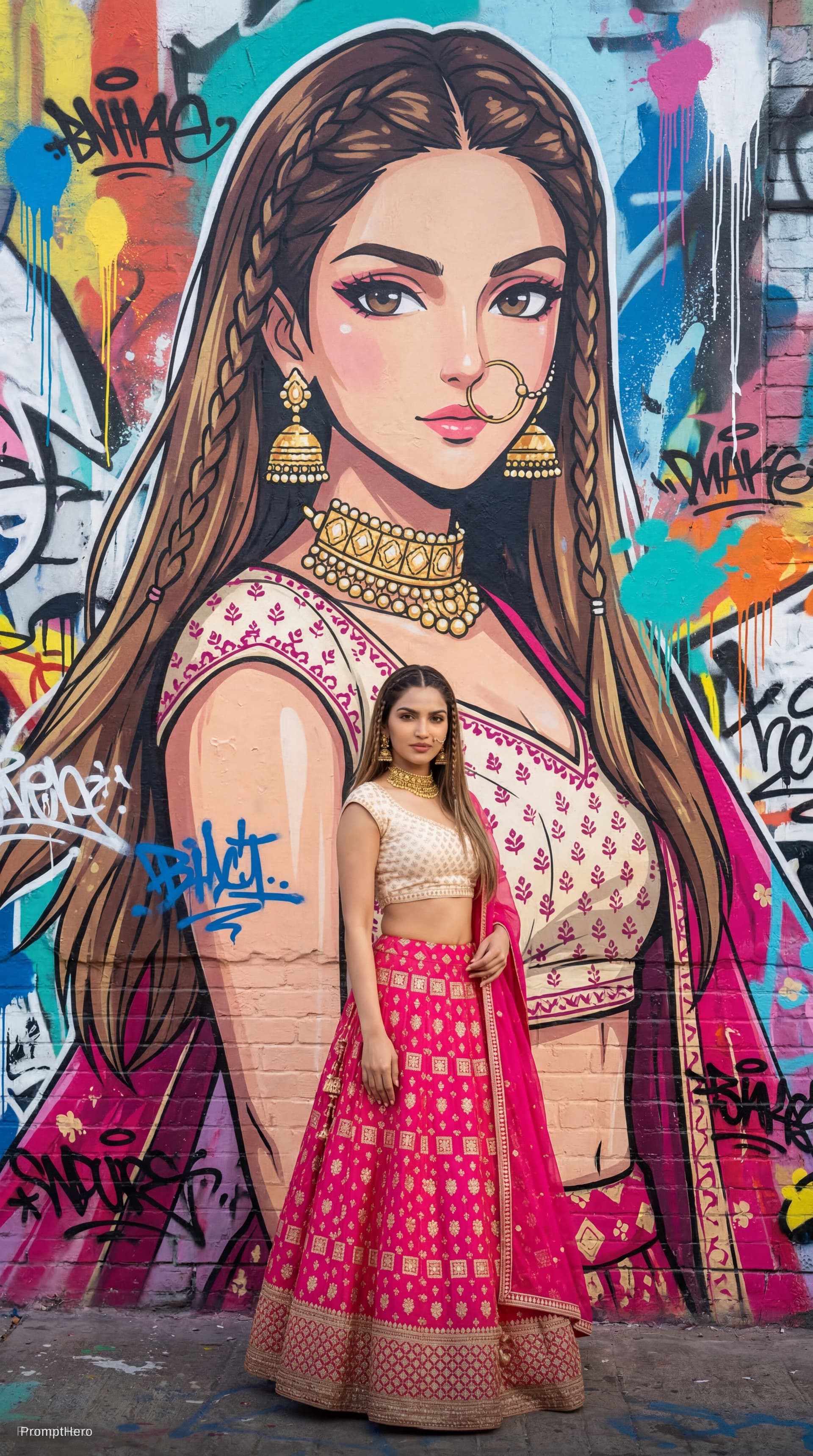 AI generated: Massive 2D anime street-art mural covering an entire urban wall edge-to-edge, no visible concrete, l...