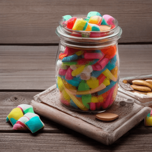 AI generated: A jar of sweets, on a rustic wooden table, with grey wall background, 8k, proper background should b...