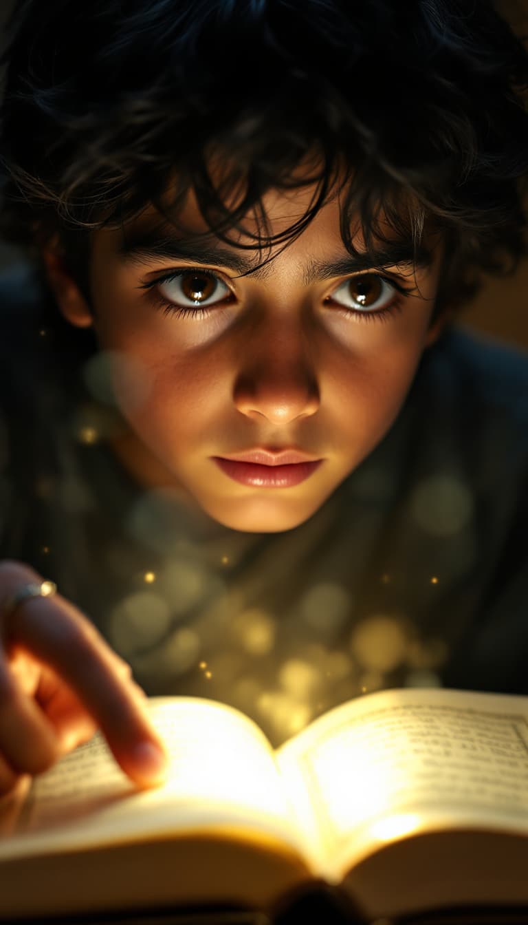 AI generated: Description: A tight shot of Norooz’s face, a 10-year-old boy with messy jet-black hair, almond-shap...