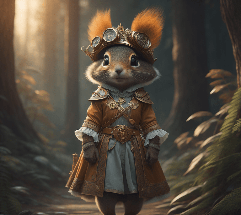AI generated: A cute bunny in a forest wearing steampunk attire set towards an adventure, (detailed stunning envir...
