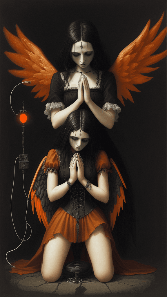 AI generated: a depressed gothic female angel with electric orange Drana's Emissary kneeling down praying for forg...