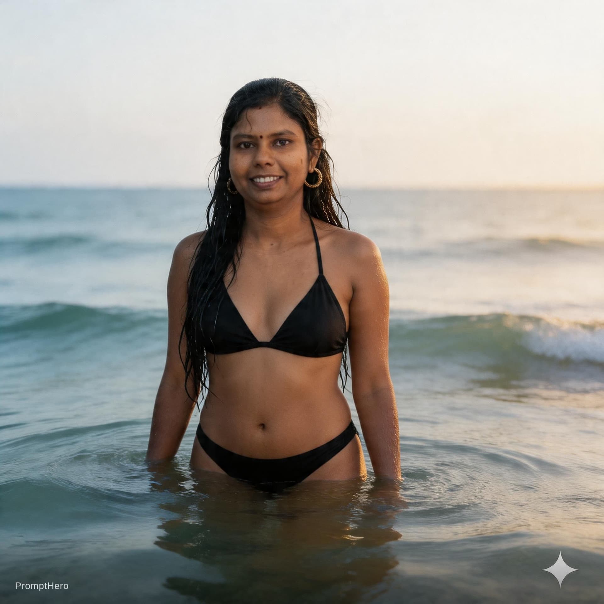 AI generated: Uploaded person with real face A fit adult woman stands in shallow ocean water, wearing a black biki...