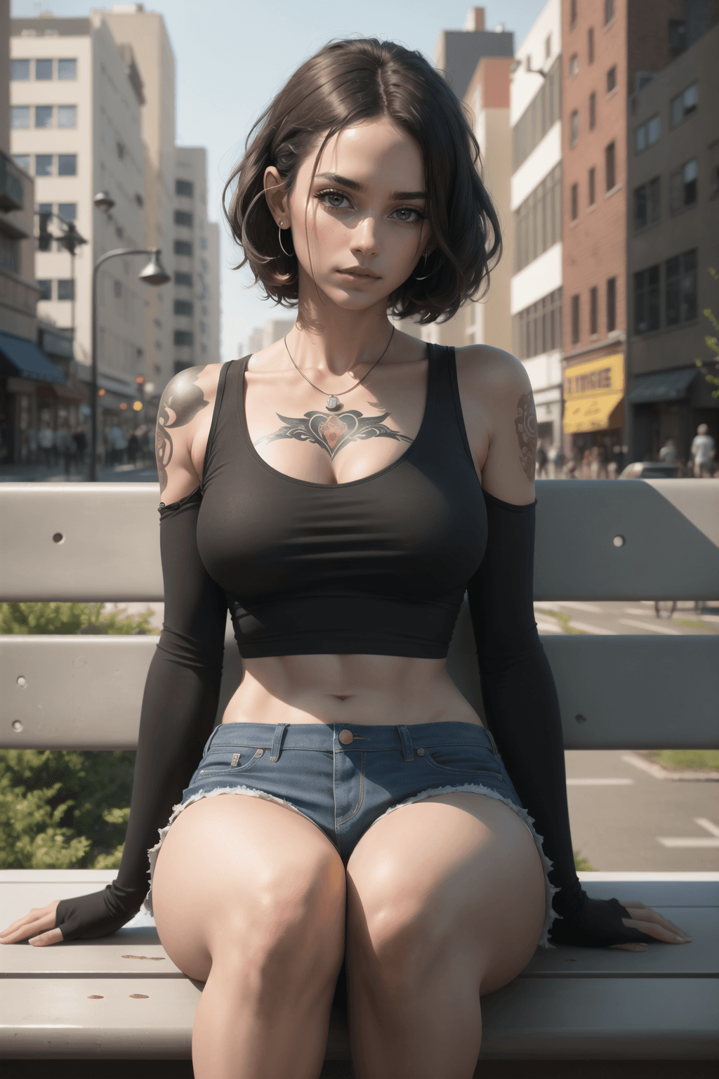 AI generated: Visualize the delinquent punk woman in a moment of introspection, her striking tattoos visible as sh...