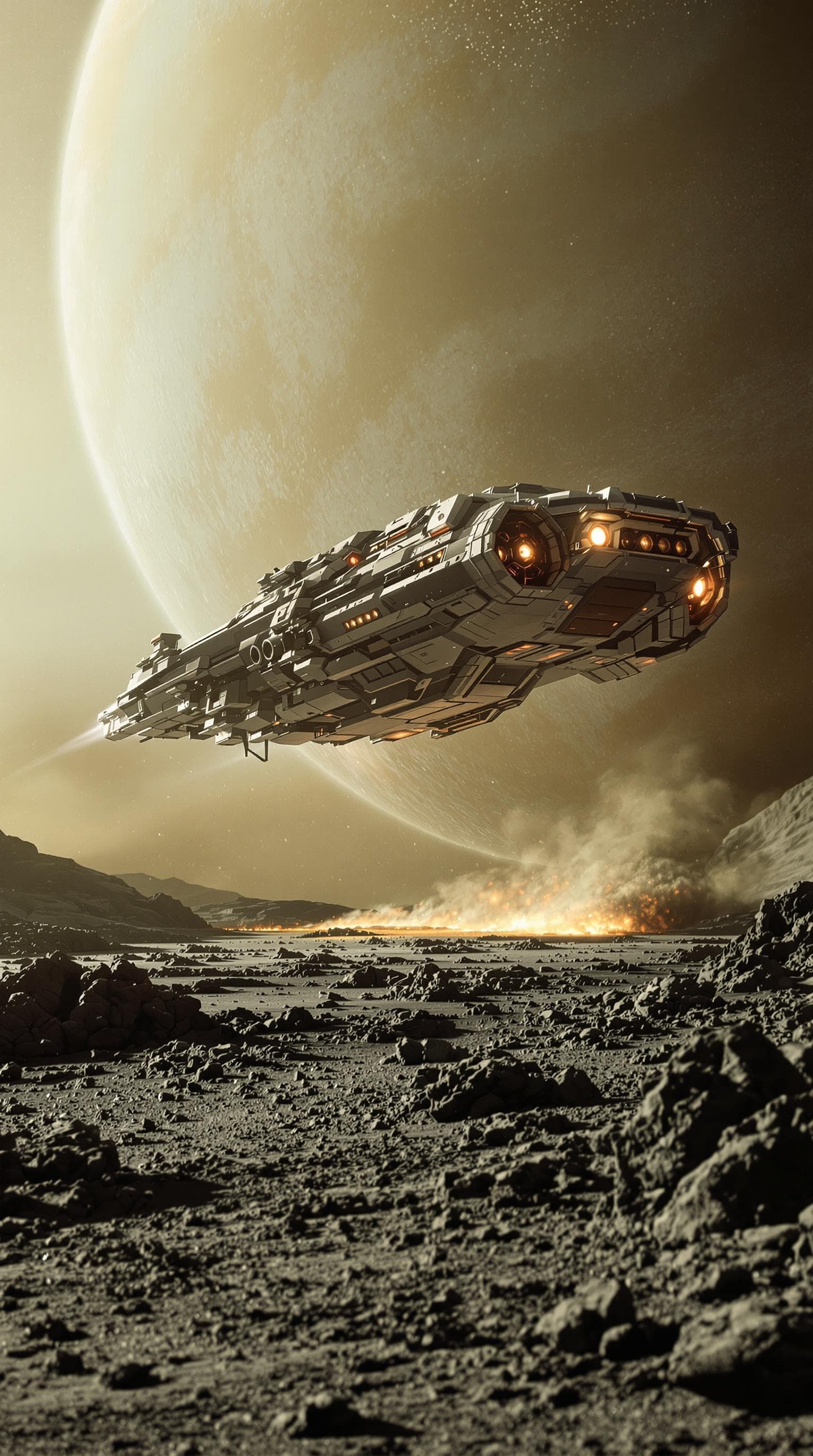 AI generated: A scene of a spaceship landing on an alien planet. The style is reminiscent of a science fiction mov...
