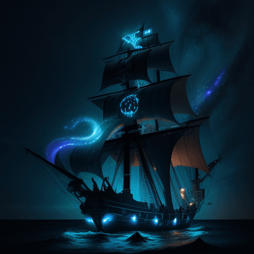 AI generated: (Pirate ship sailing into a bioluminescence sea with a galaxy in the sky), epic, 4k, ultra,