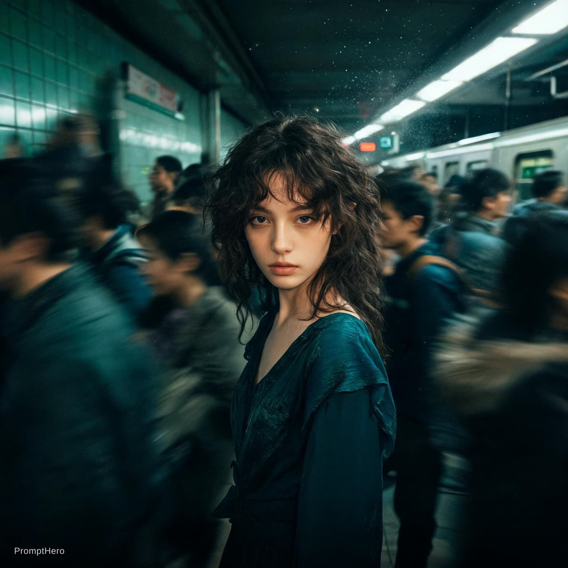 AI generated: Cinematic editorial portrait of a young women in her early twenties standing motionless at the cente...