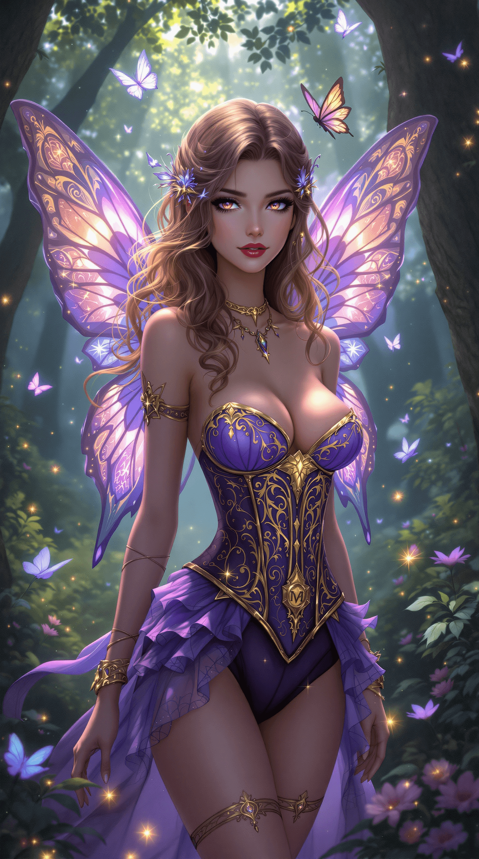 AI generated: A stunning fairy with radiant violet butterfly wings stands gracefully in an enchanted forest, surro...