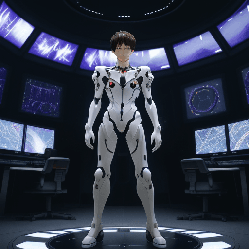 AI generated: ((Evangelion: Shinji Ikari),Plug Suit),A large circular platform reminiscent of a futuristic stadium...