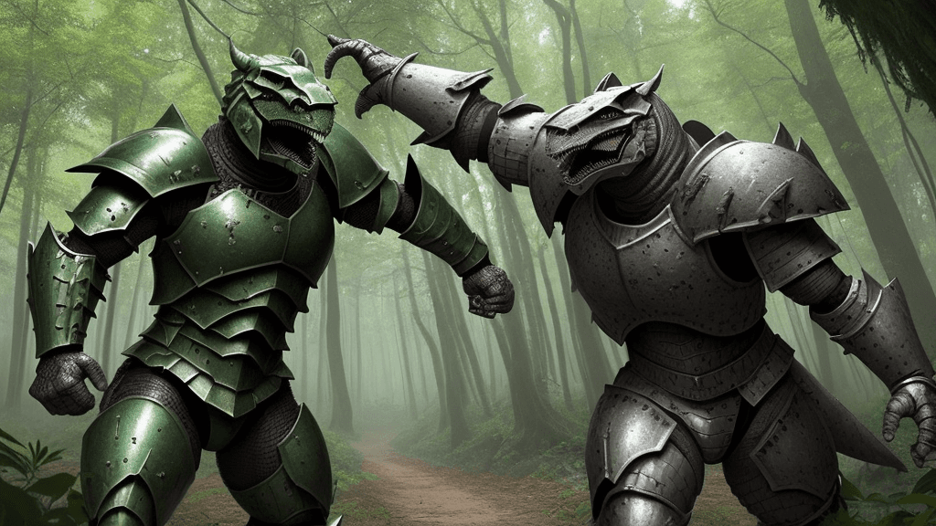 AI generated: human male Armoured warriors fightingscary monsters in a forest
