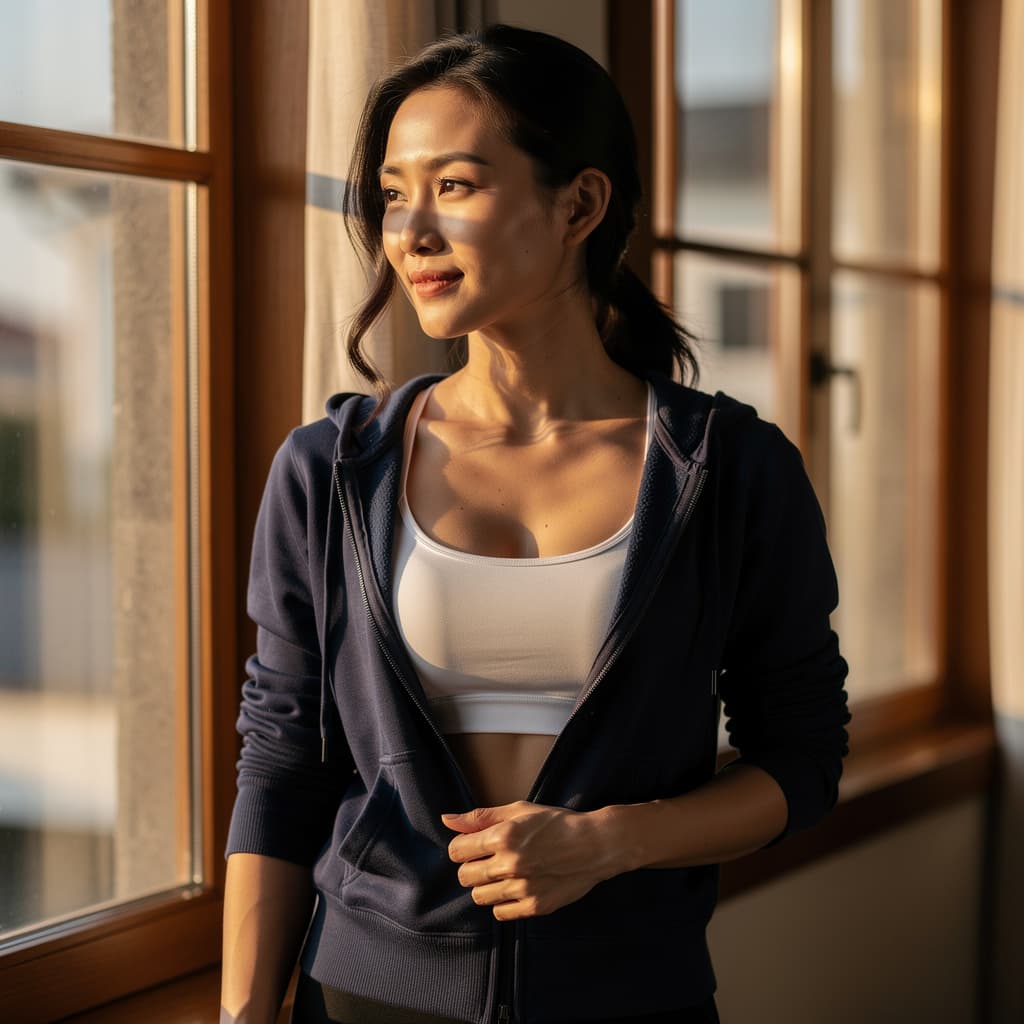 AI generated: Create a photorealistic image of a fit adult asian woman with dark hair styled in loose waves standi...