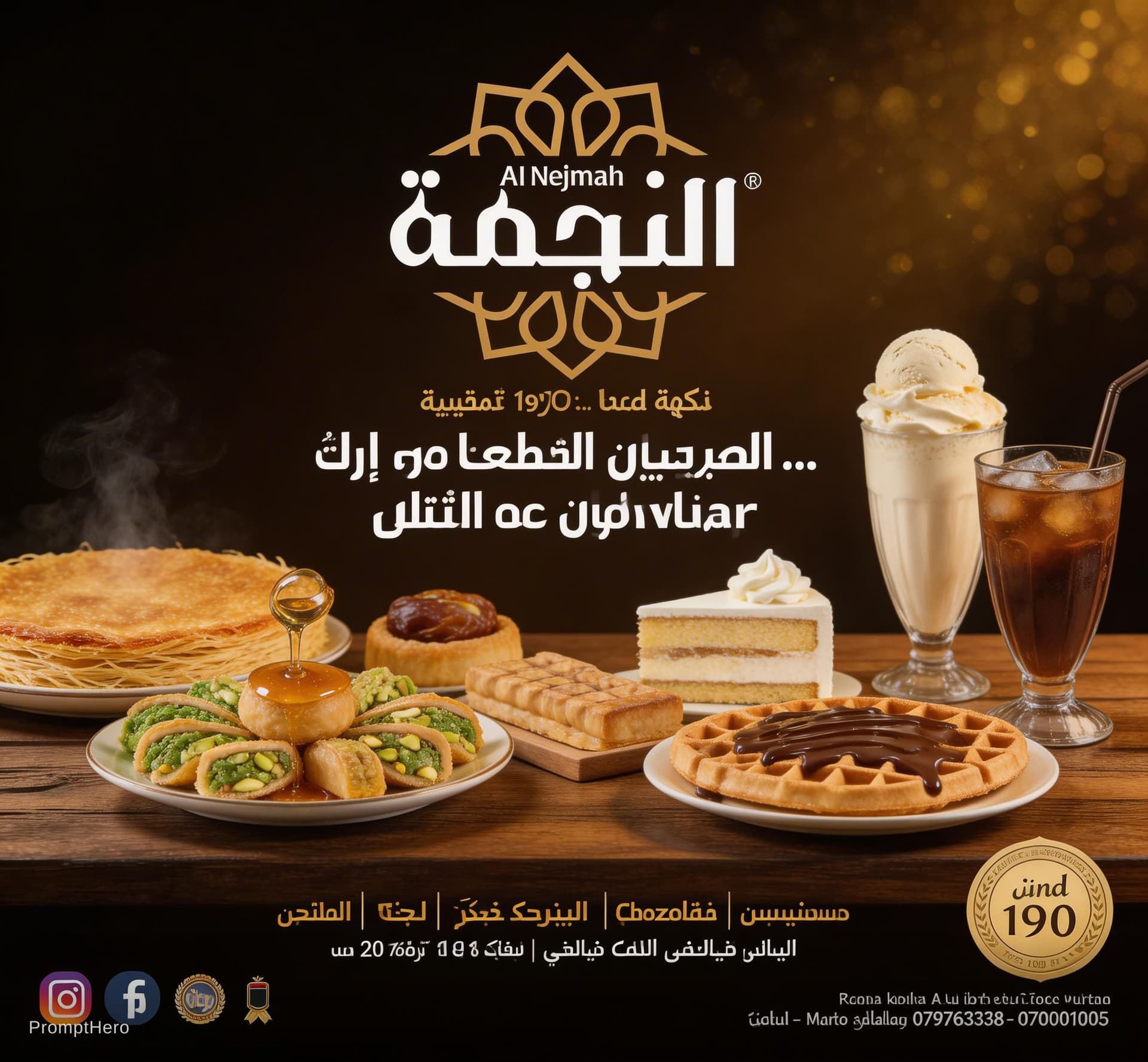 AI generated: صورة إعلان مطبوع فاخر 4 عمودي، 300،، لـ"حلويات النجمة". أسلوب. مشهد سينمائي فاخر: طاولة عرض حلويات م...