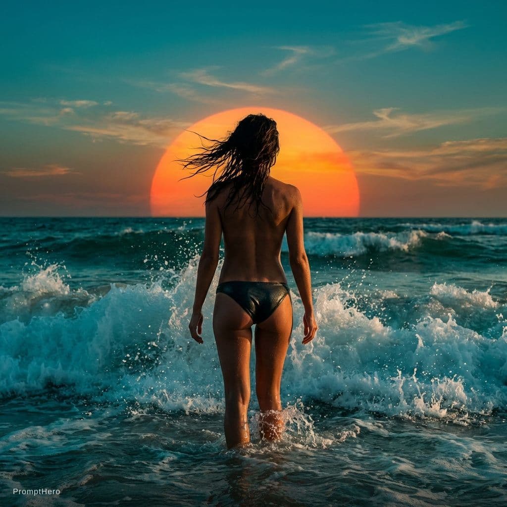 AI generated: A photorealistic, full-body shot of an adult woman standing in the ocean at sunset, viewed from behi...