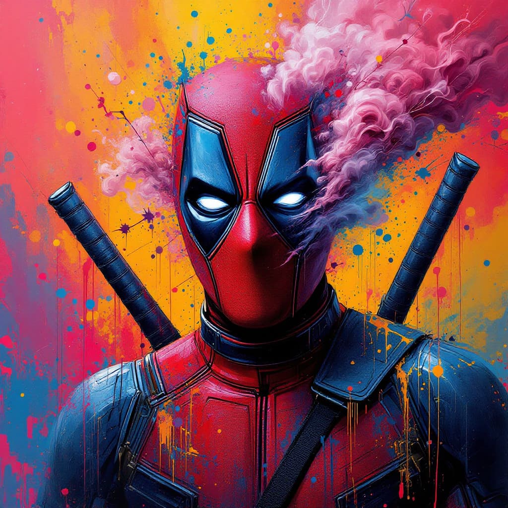 AI generated:  art painting, portrait of deadpool abstract painting THE SMOKE, very colorful, futuristic, paint sp...
