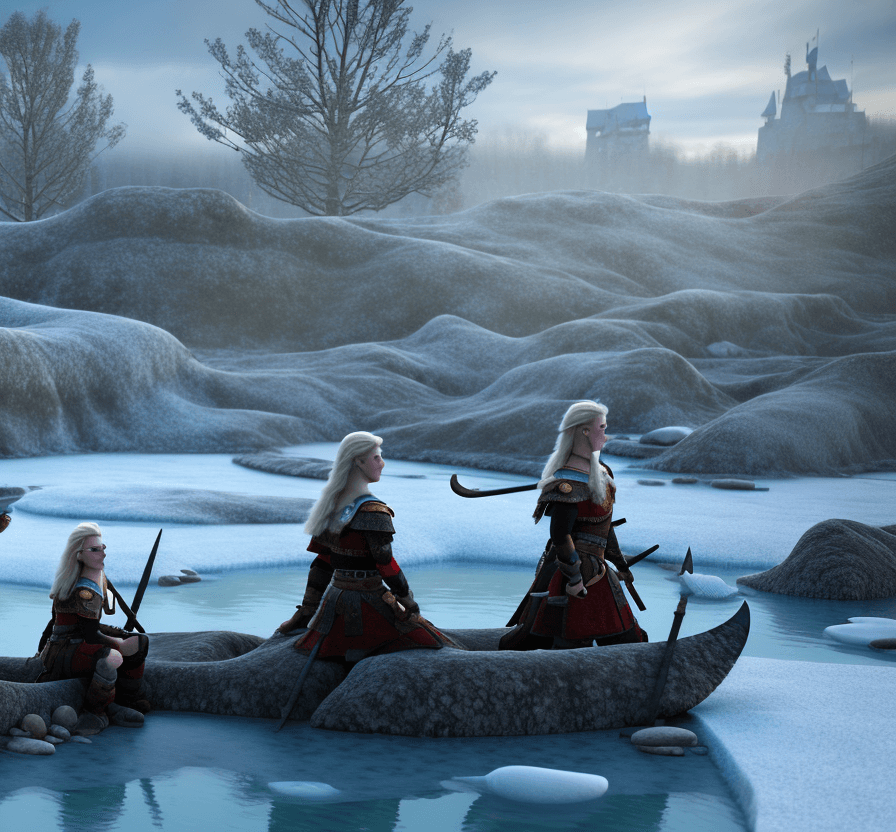 AI generated: 2  female warrior vikings are watching  a frozen pond. ; 8k, intricate detail, photorealistic, reali...