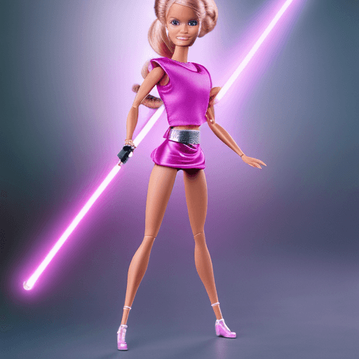 AI generated: Hyper realistic photo of Barbie as a Jedi wielding a pink light saber.