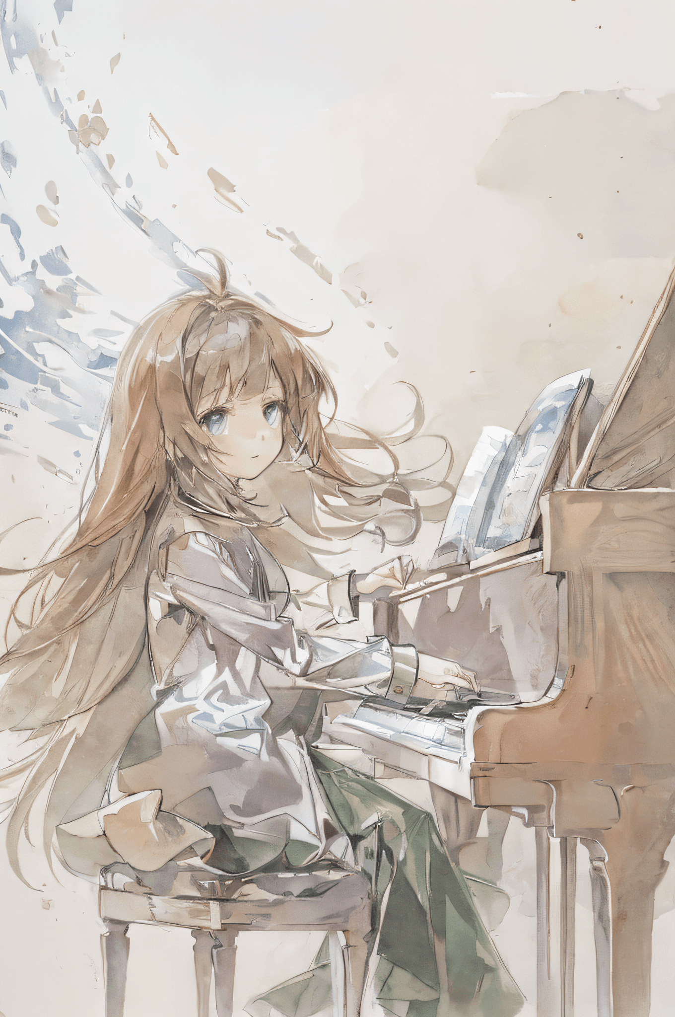 AI generated: anime girl playing piano in front of a full moon, nightcore, pianist, arte koto no ha no niwa, koto ...