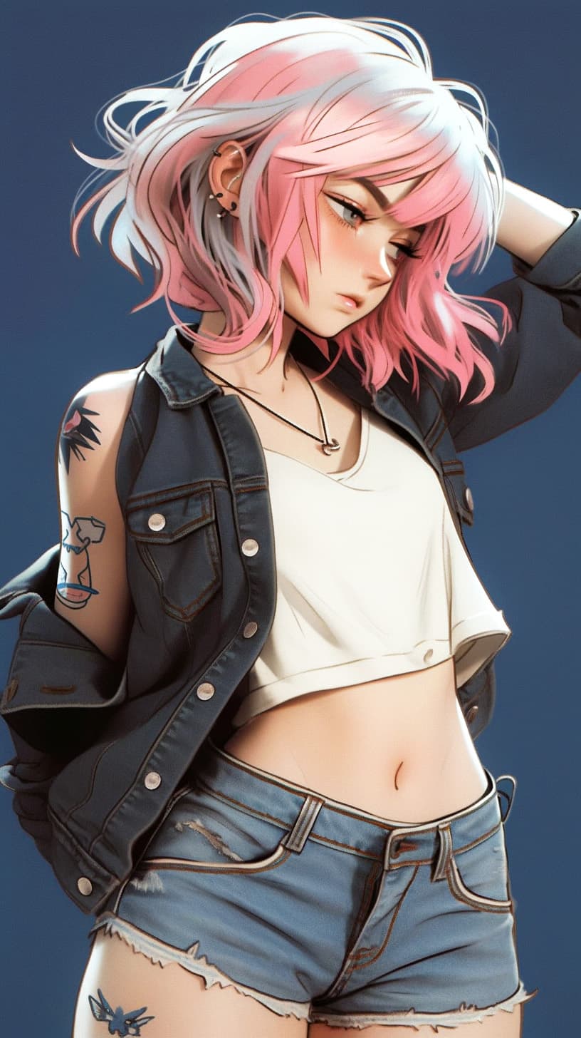 AI generated: Cute female wearing a white tank top, blue denim shorts and dark denim jacket, silver-pink hair, ill...