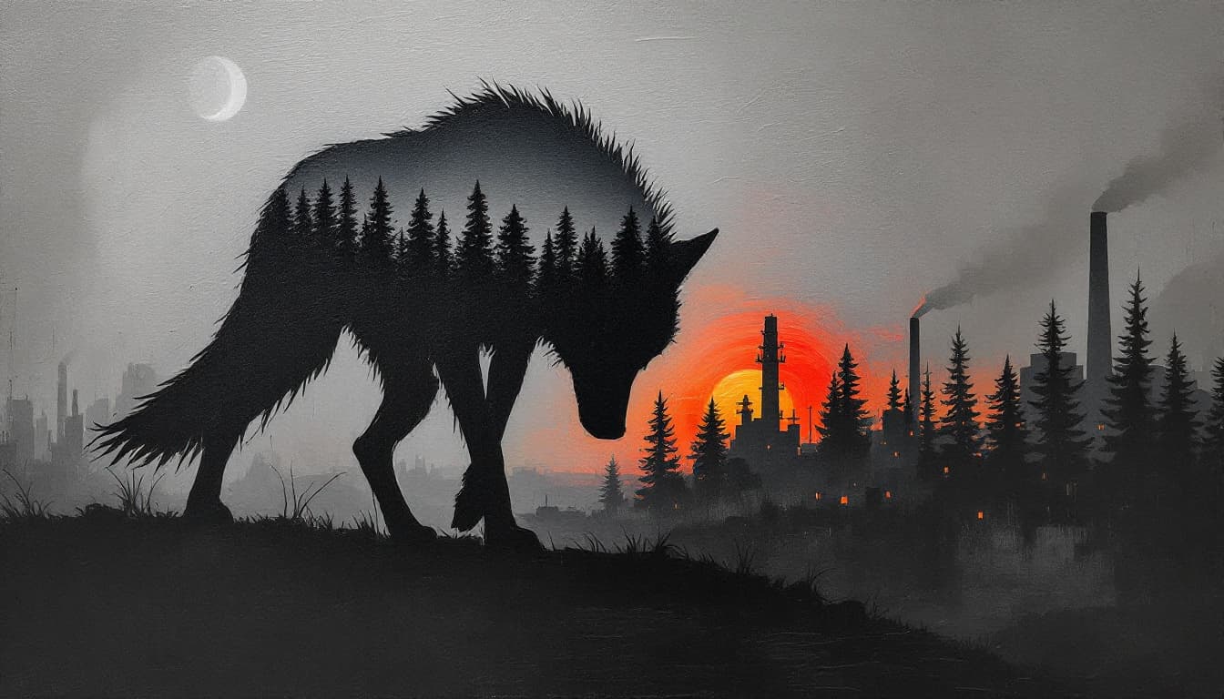 AI generated: oil painting, cardboard like silhouette of a wolf, head down, low tail, dramatic background, Pollock...