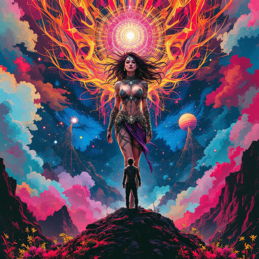 AI generated: poster of warrior princess| standing on hill |centered| key visual| intricate| highly detailed| brea...