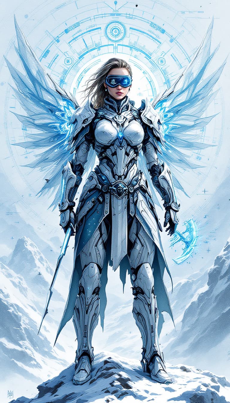 AI generated: Conceptual design: Cybernetic Valkyrie from the Frostbound Legion. This imposing graffiti-punk digit...