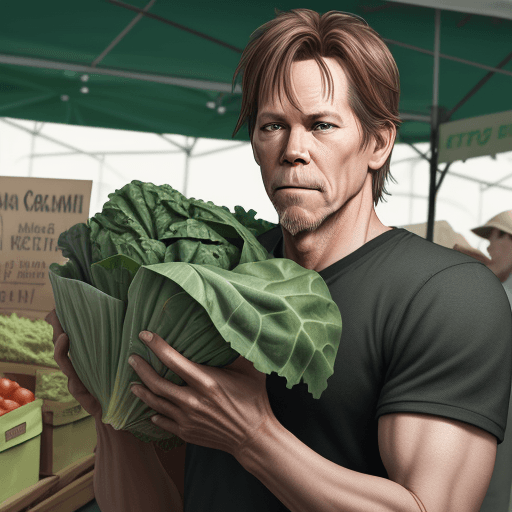 AI generated: realistic coloring image of kevin bacon at the farmer's market holding a bunch of collard greens rea...