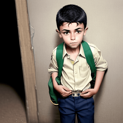 AI generated: A young boy pulls out his empty trouser pockets showing that they are empty.

