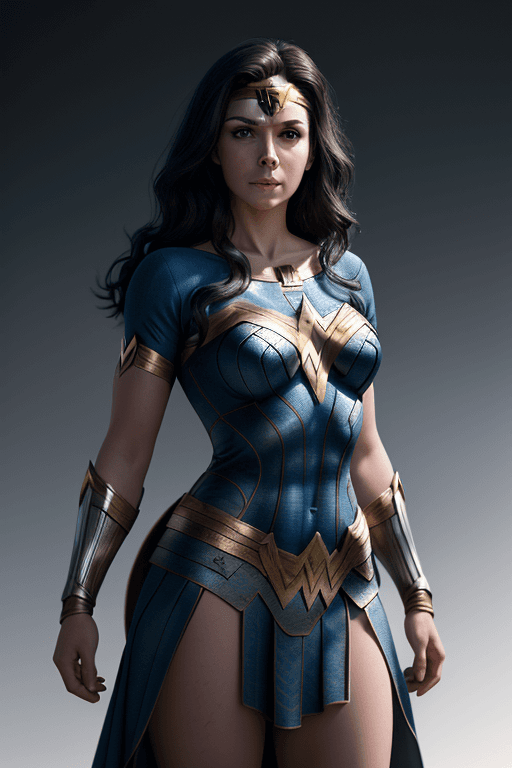 AI generated: (real female in wonderwoman outfit) , blue dress winter background, (((full body visible) )), lookin...