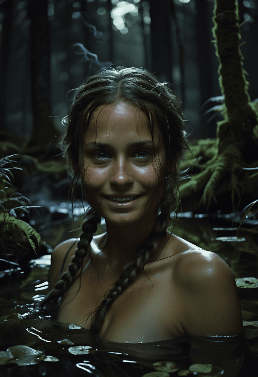AI generated: HDR photo of (night vision, night, night sky, dark, moody, low light:1.3) BREAK beautiful woman, wea...