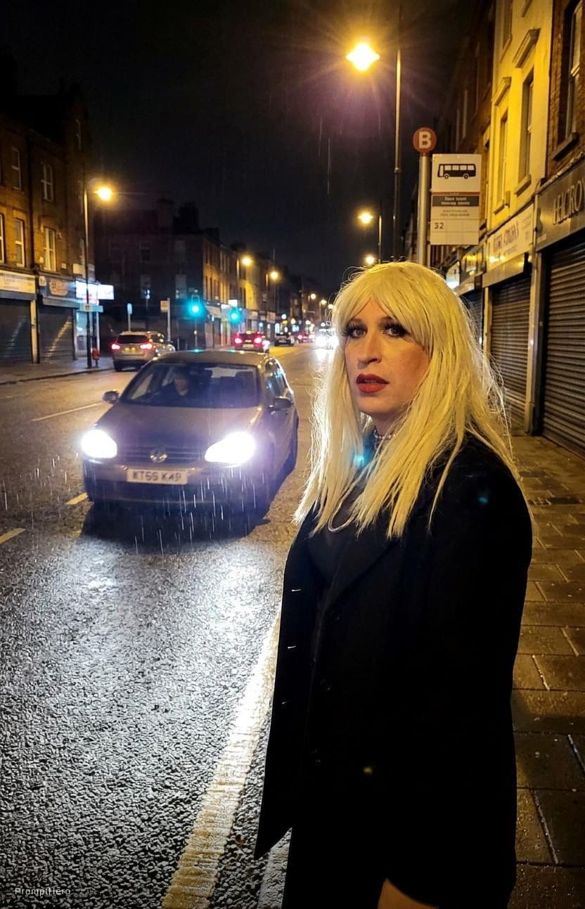 AI generated: show me waiting alone in an empty street while car is coming with lights on