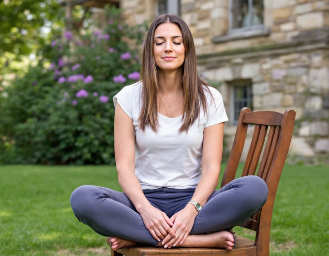 AI generated: A woman sits on a wooden chair with her spine straight and leaning against the chair outdoors with g...