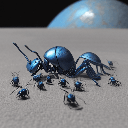 AI generated: blue ant army with silver armor invasion the planet