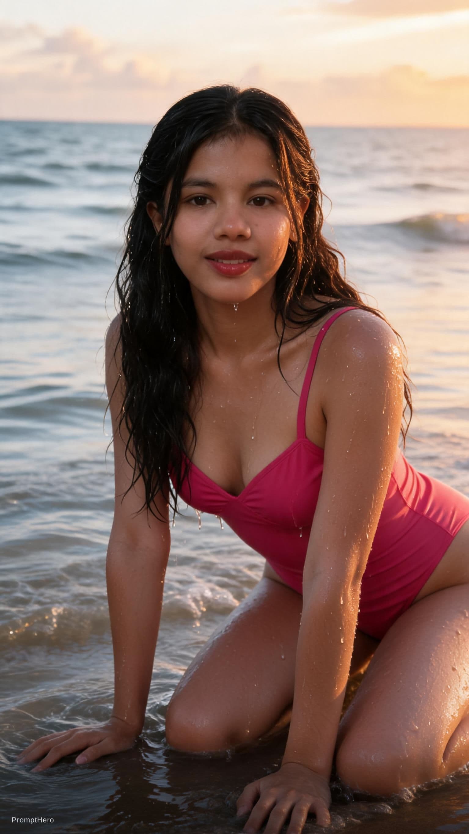 AI generated: A cinematic, photorealistic full-body portrait of a woman kneeling in shallow ocean water at golden ...