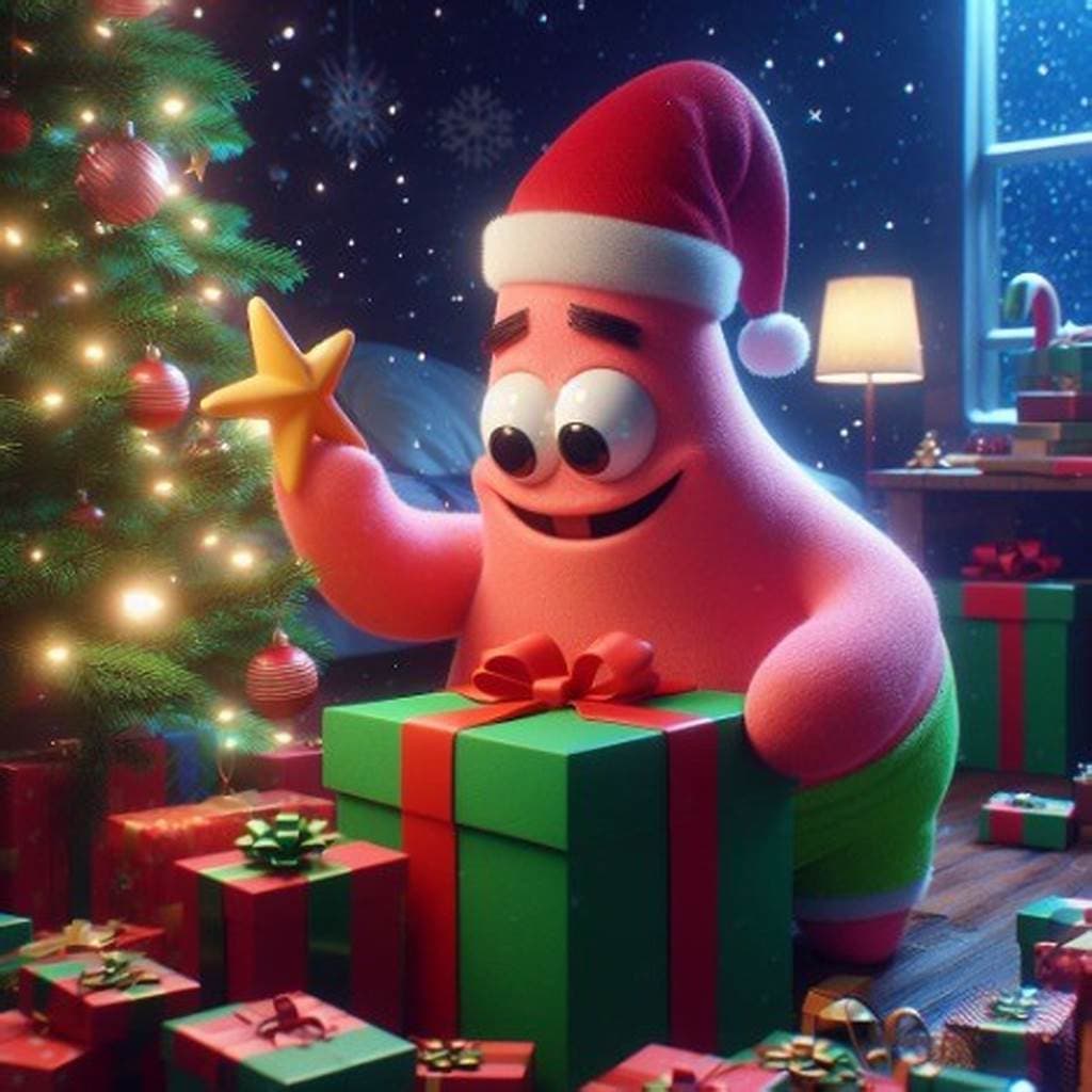 AI generated: Patrick Star dressed up as Santa Claus putting presents under the tree, realism, 4k