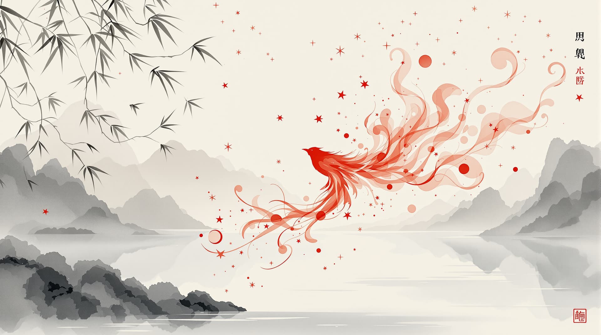 AI generated: Create an image in the style of traditional Chinese watercolor, featuring a vivid red bird at the ce...