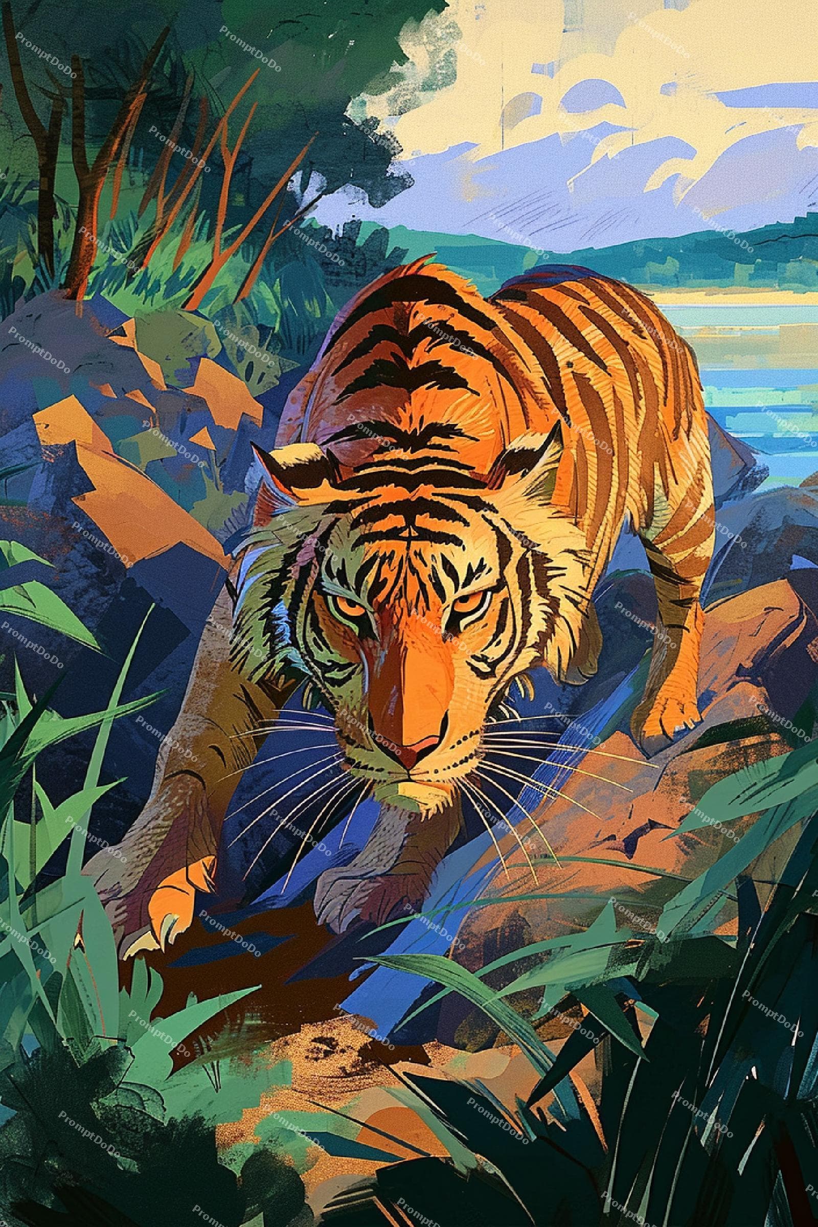AI generated: Fearless tiger, prowling in the jungle, with vibrant stripes and fierce presence, by Pixar Animation...