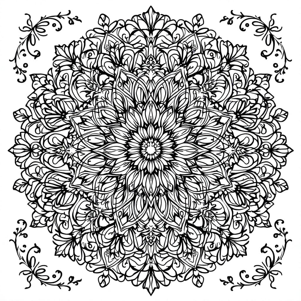 AI generated: highly detailed floral mandala, intricate symmetrical patterns, botanical elements, black and white ...