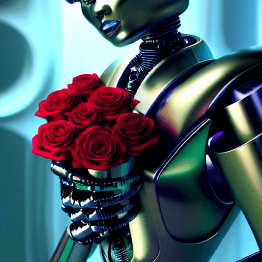 AI generated: beautiful metallic futuristic robot holding bright coloured roses in hand close-up, cyberpunk, intri...
