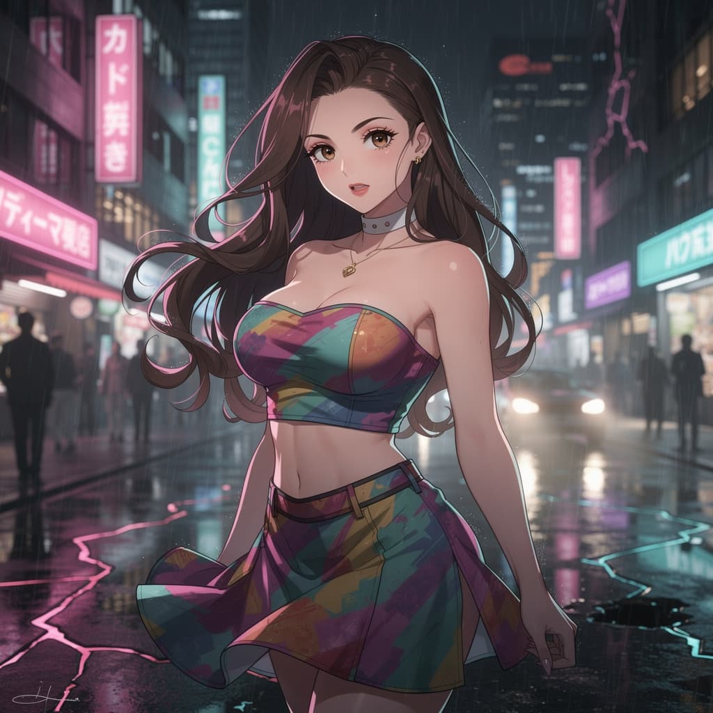 AI generated: lora:-Omnious-:1.0>a highly detailed digital illustration depicting neon-lit cityscape at night, the...
