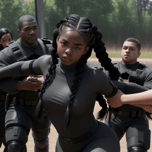 AI generated: Young black girl in braids picked up and dragged by black hefty men in black combat gear, hyper-real...