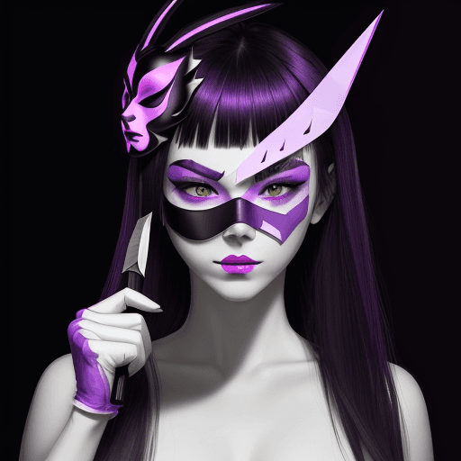 AI generated: neon violet, mask, white skin, knife, face, nsfw