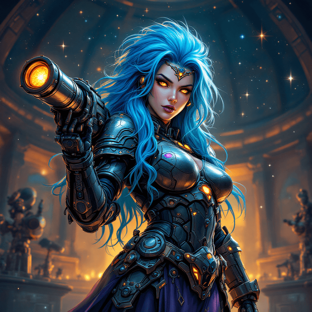 AI generated: 20. The Cosmic Cannoness: A powerful and imposing warrior with long, vibrant blue hair styled in an ...
