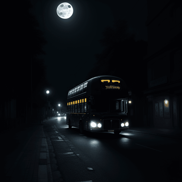 AI generated: dark bus in the middle of the night, moonlight, lit street