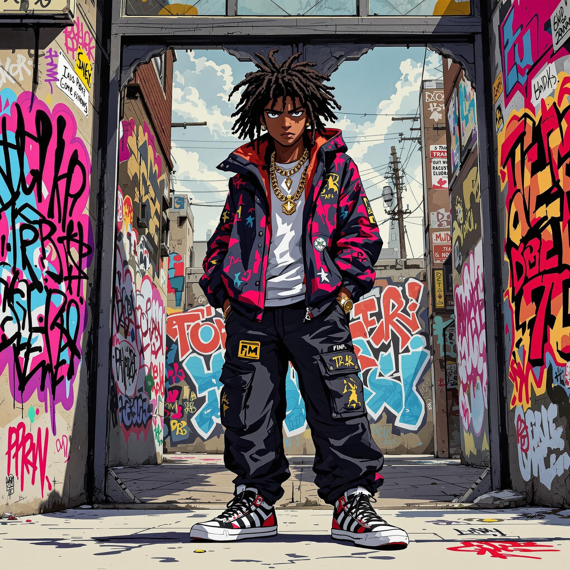 AI generated: anime illustration of an african american hip hop graffiti character 
with urban fashion and graffit...