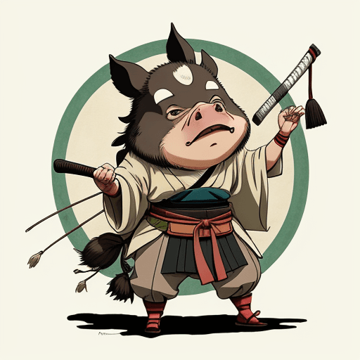 AI generated: artwork by Stan Sakai, style Studio Ghibli,
anthropomorphic wild pig, samurai, anime