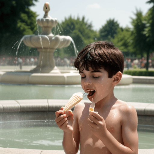 AI generated: boy eating ice cream, in a fountain, more boys, happy, playing with water, fresh, summer, 
